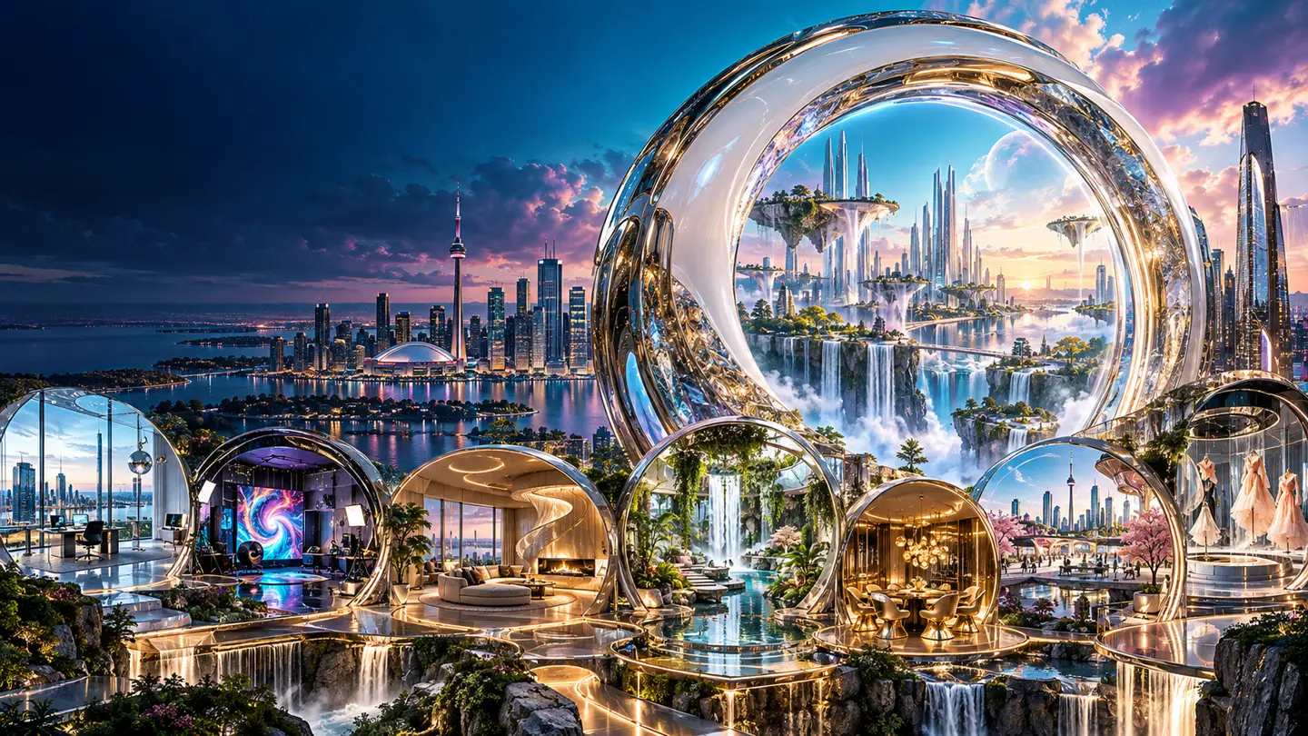 Concept artwork of futuristic Toronto behind the eight interface portals